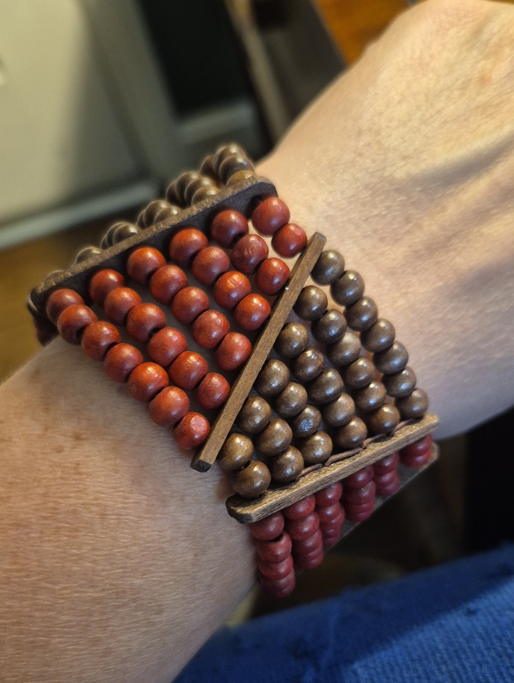 Source Unknown Red and Brown Wooden Bead Stretch Bracelet